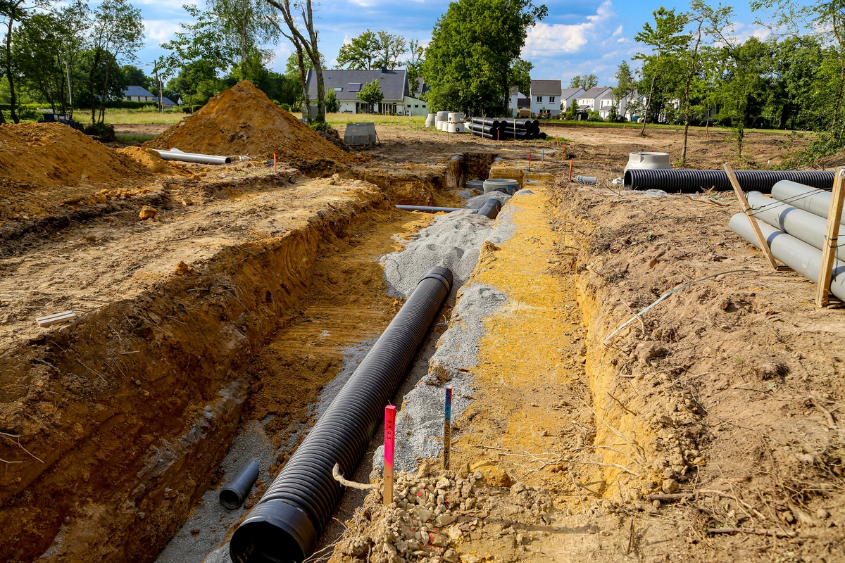 Travaux d'assainissement avec installation de canalisations sur un chantier, montrant les tranchées creusées et les conduites en cours de pose.