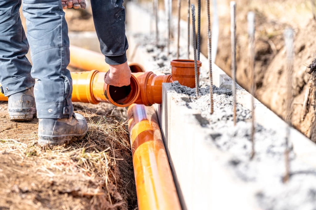 Installation de tuyaux d'assainissement par un ouvrier sur un chantier de construction.